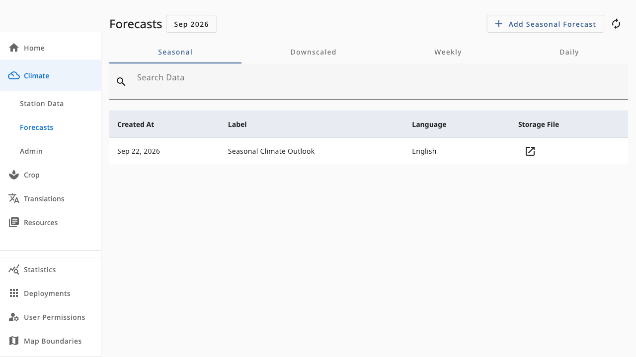Forecasts page with month picker and seasonal forecast table
