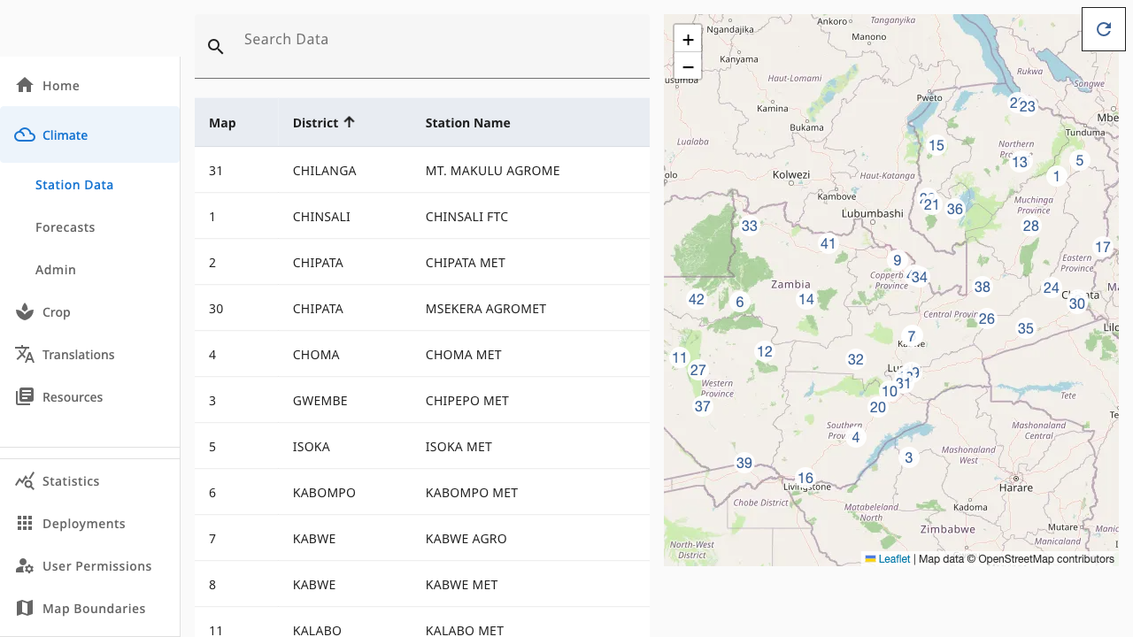 Station list with searchable table and map of Zambia
