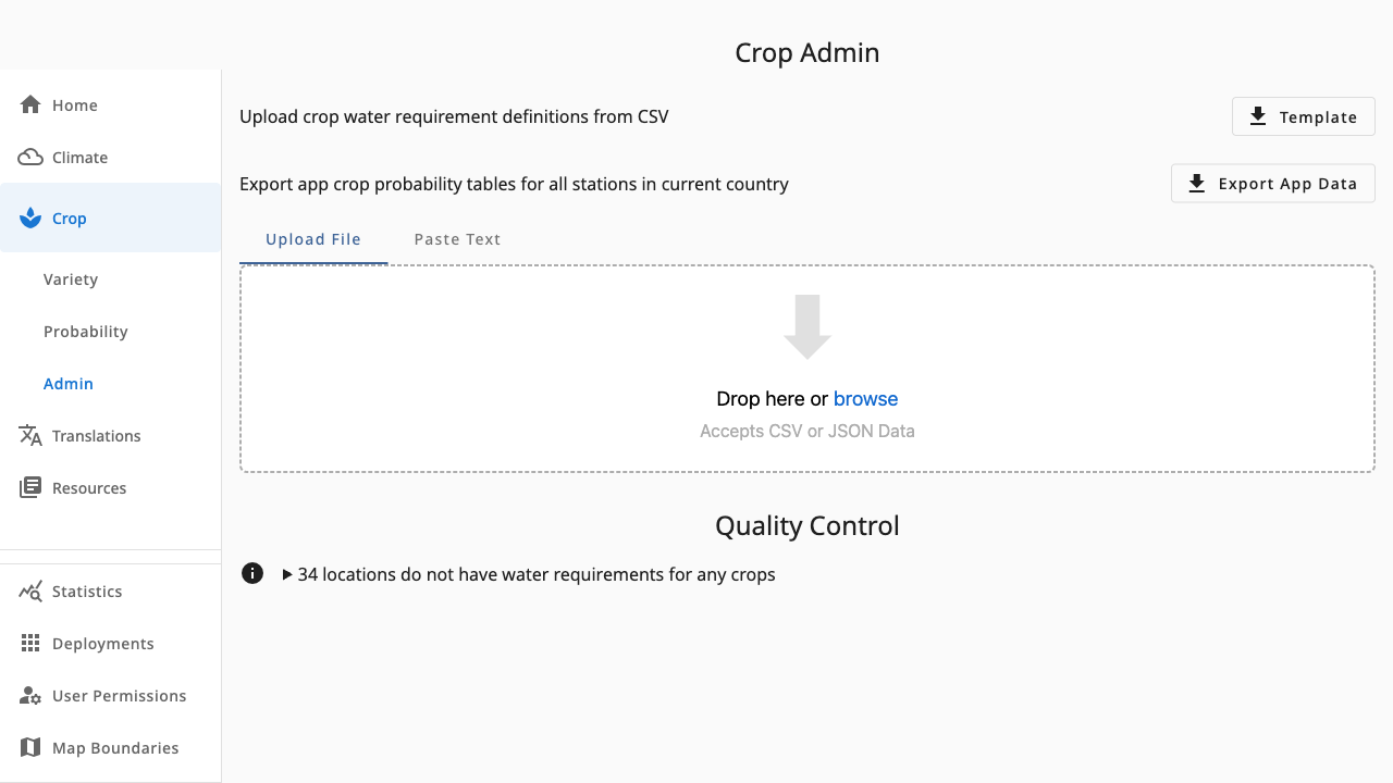 Crop Admin with template, export and import controls