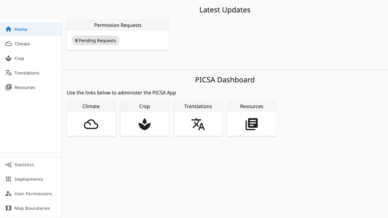 PICSA Dashboard home page with navigation cards