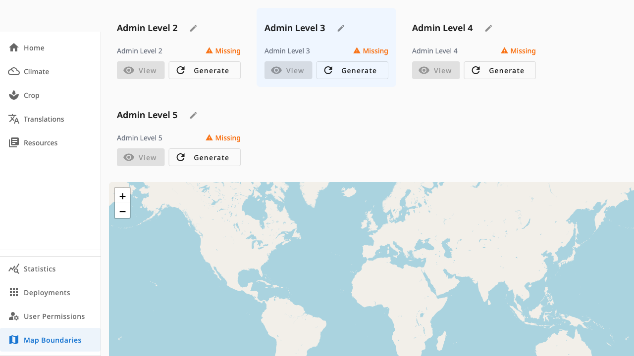 Map Boundaries admin with level cards and map